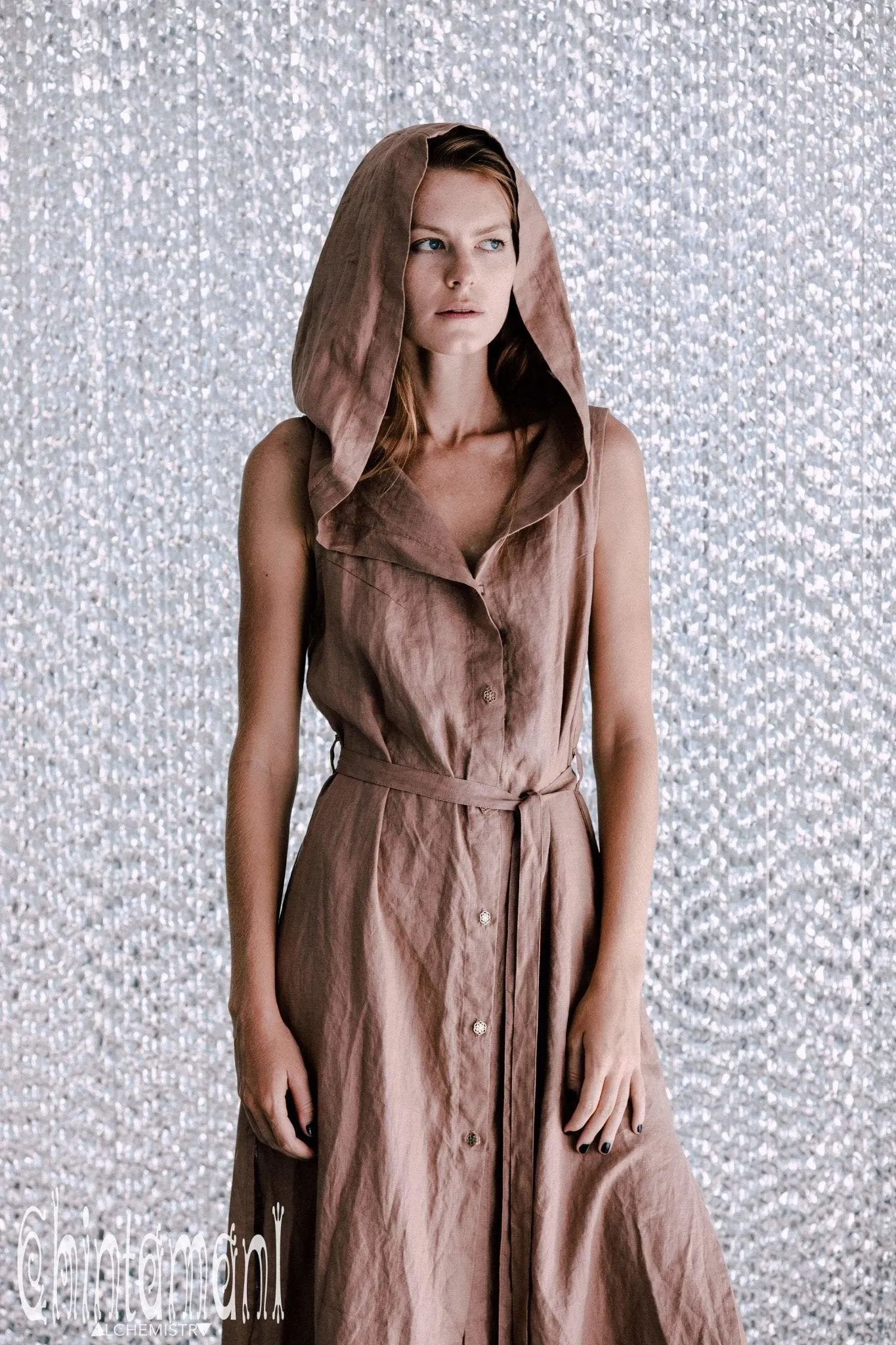 Long Linen Shirt Dress with Hood & High Slit / Dusty Rose