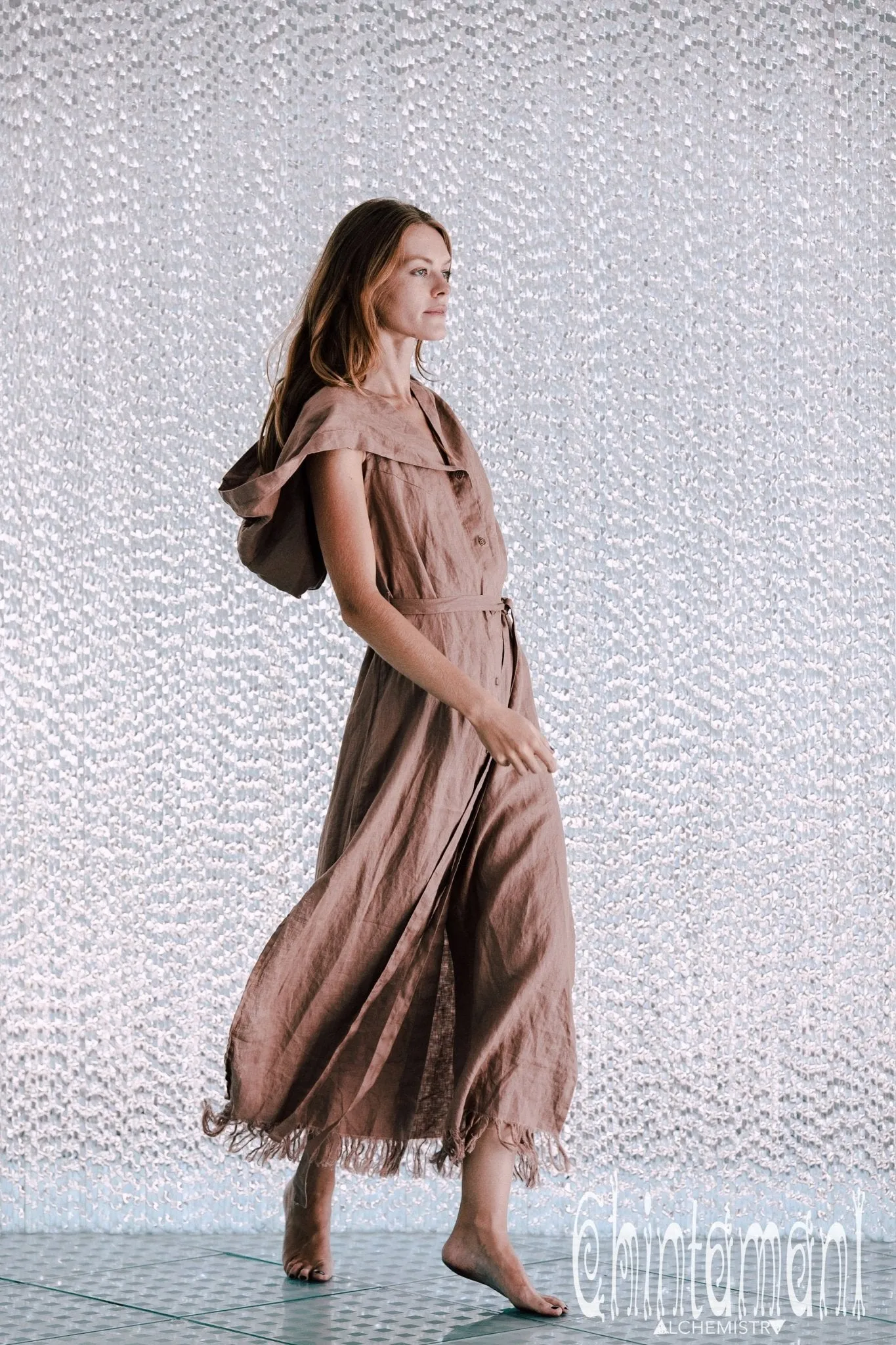 Long Linen Shirt Dress with Hood & High Slit / Dusty Rose