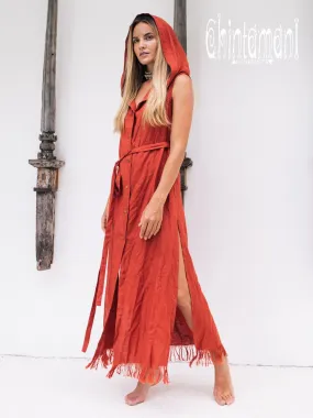 Long Linen Shirt Dress with Hood & High Slit / Red Ochre