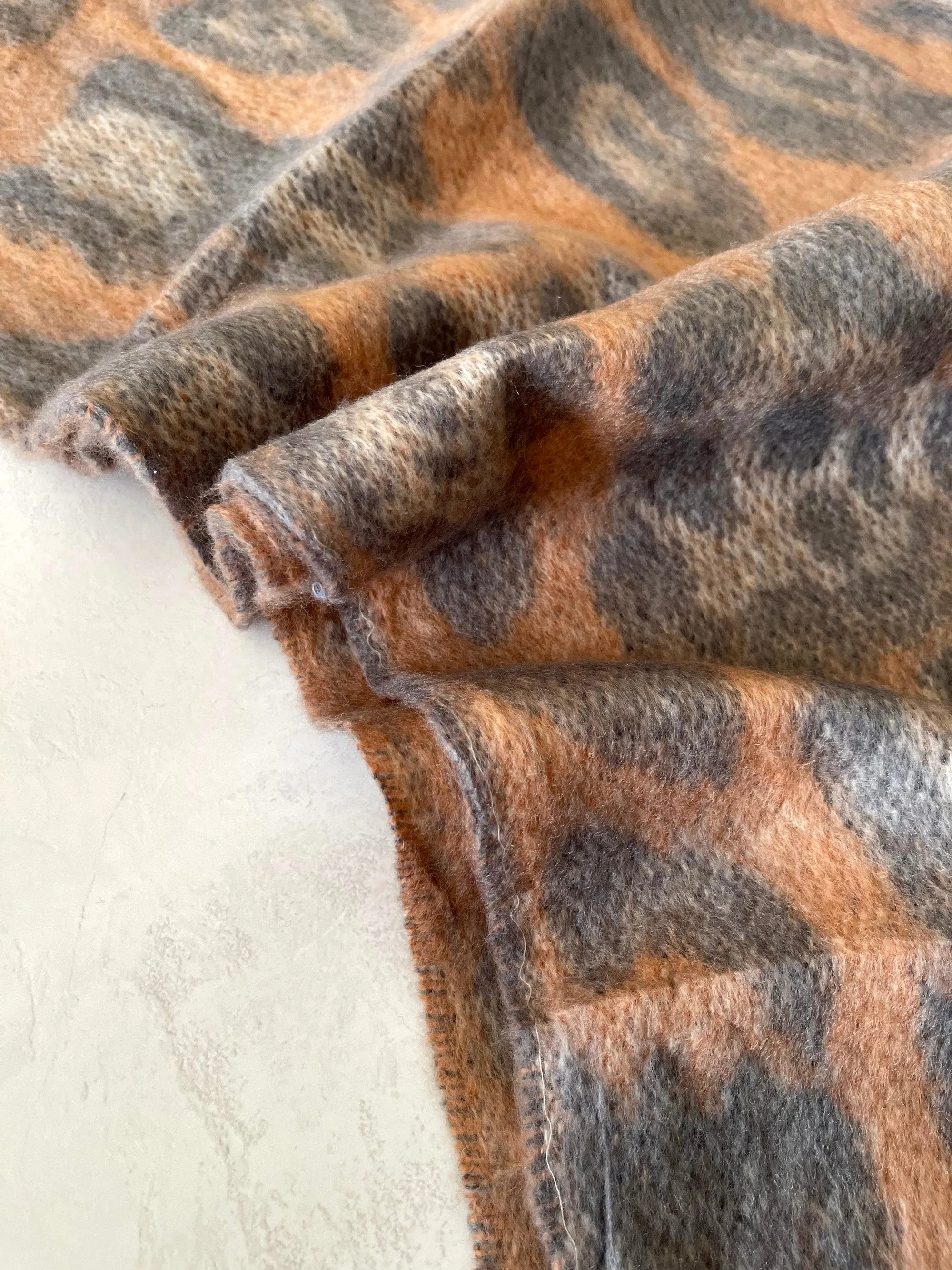 LONG MOCHA WOOL MIX FLUFFY OVERSIZED LEOPARD PRINT SCARF