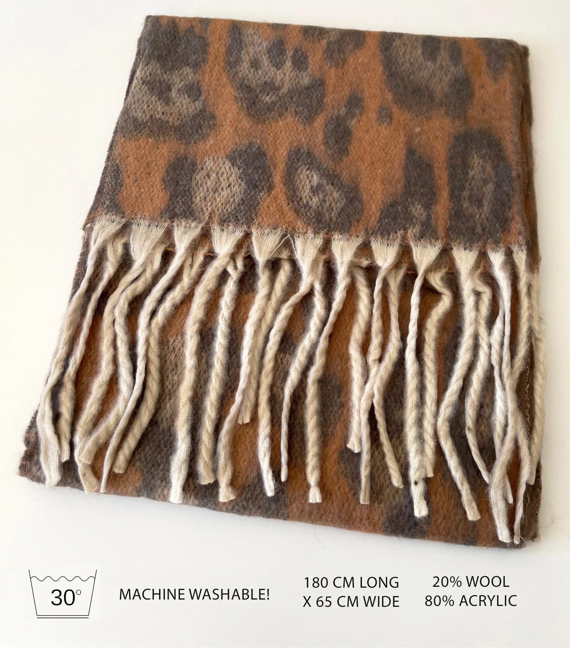 LONG MOCHA WOOL MIX FLUFFY OVERSIZED LEOPARD PRINT SCARF