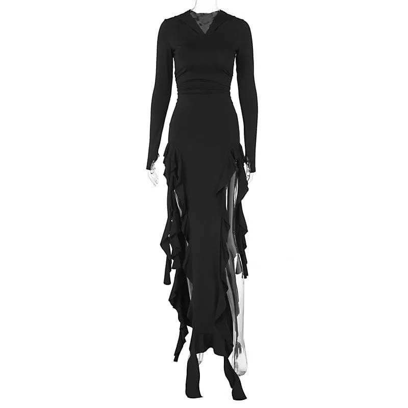 Long sleeve hoodie gloves ruffle maxi dress