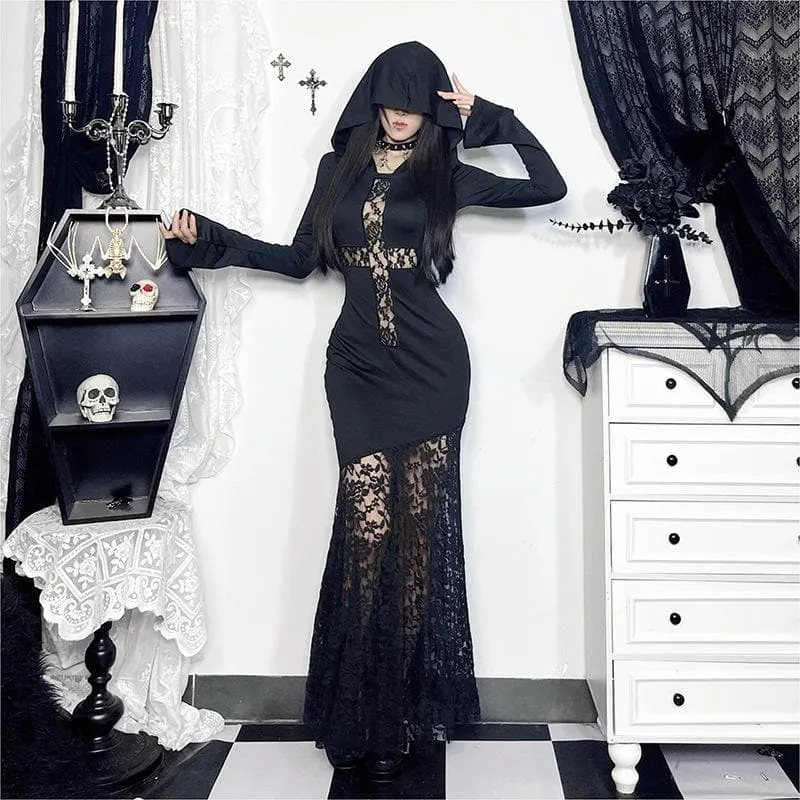 Long sleeve hoodie lace hem cross pattern maxi dress