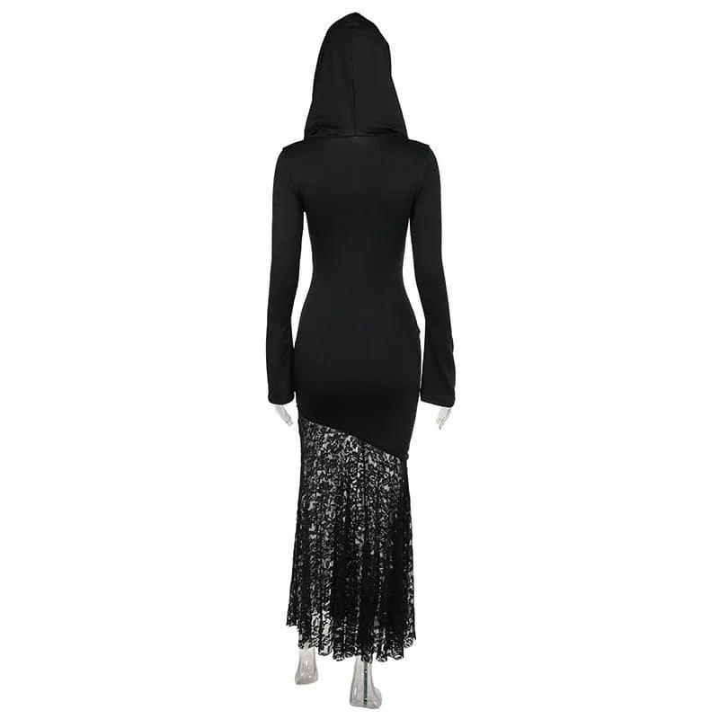 Long sleeve hoodie lace hem cross pattern maxi dress