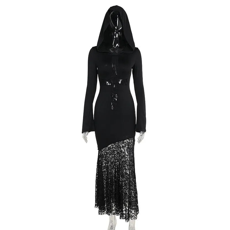 Long sleeve hoodie lace hem cross pattern maxi dress