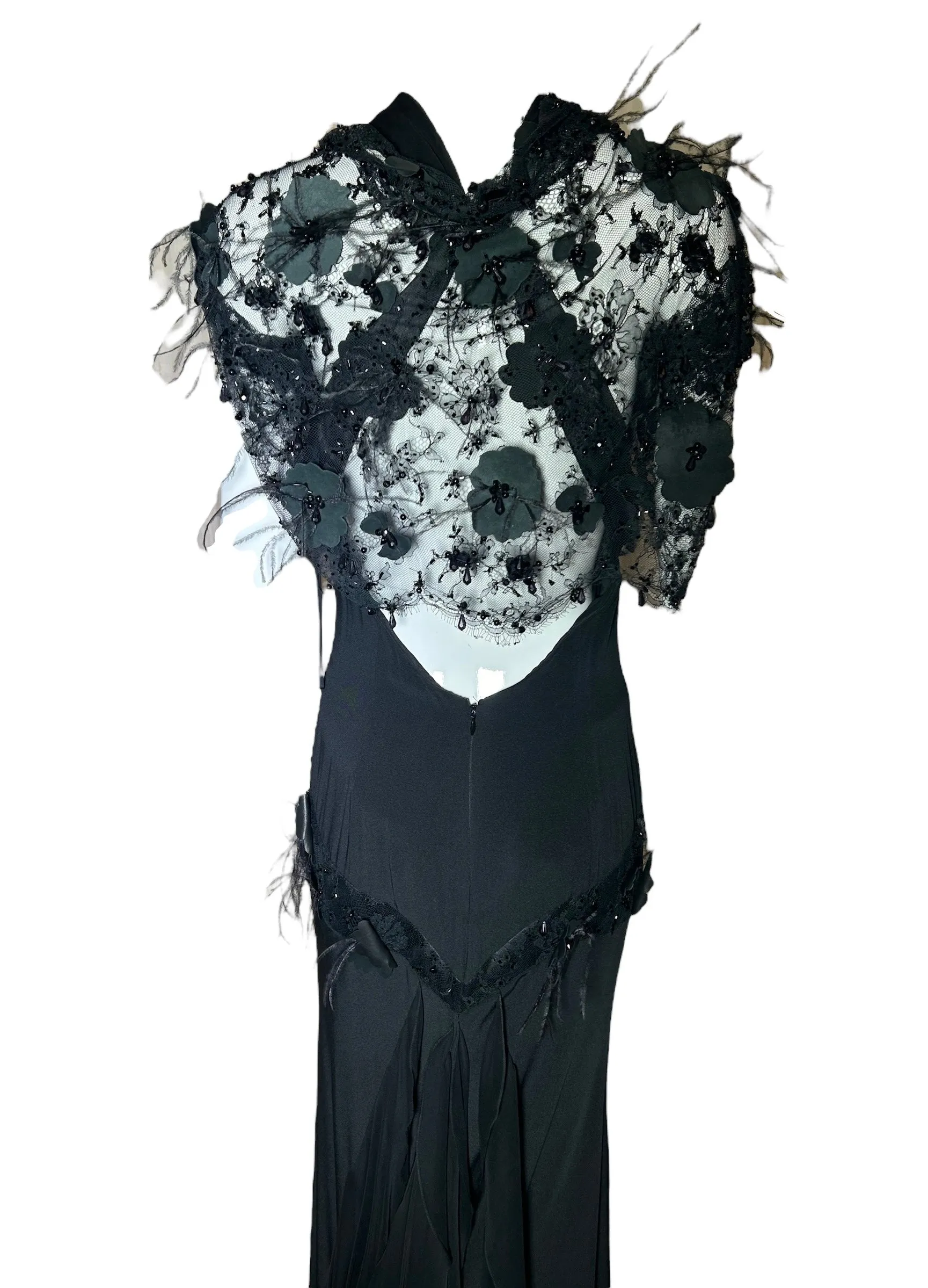 Lorena Sarbu Attributed Black Cross-Neck Chiffon Gown with Feather Accents & Shawl