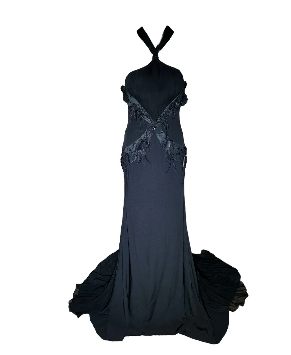 Lorena Sarbu Attributed Black Cross-Neck Chiffon Gown with Feather Accents & Shawl