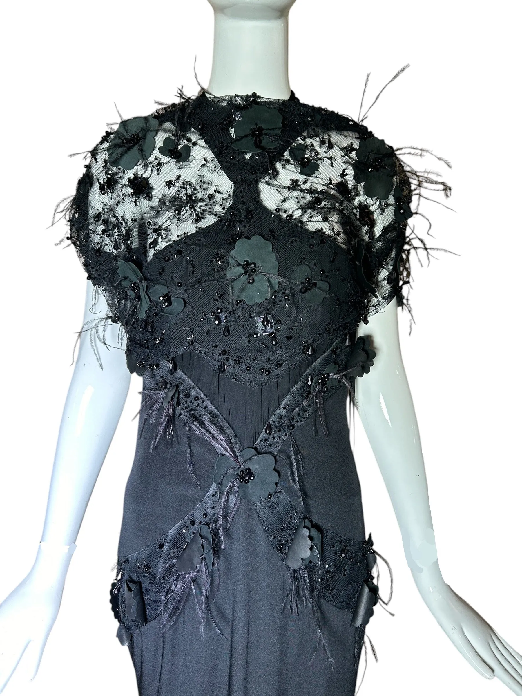 Lorena Sarbu Attributed Black Cross-Neck Chiffon Gown with Feather Accents & Shawl