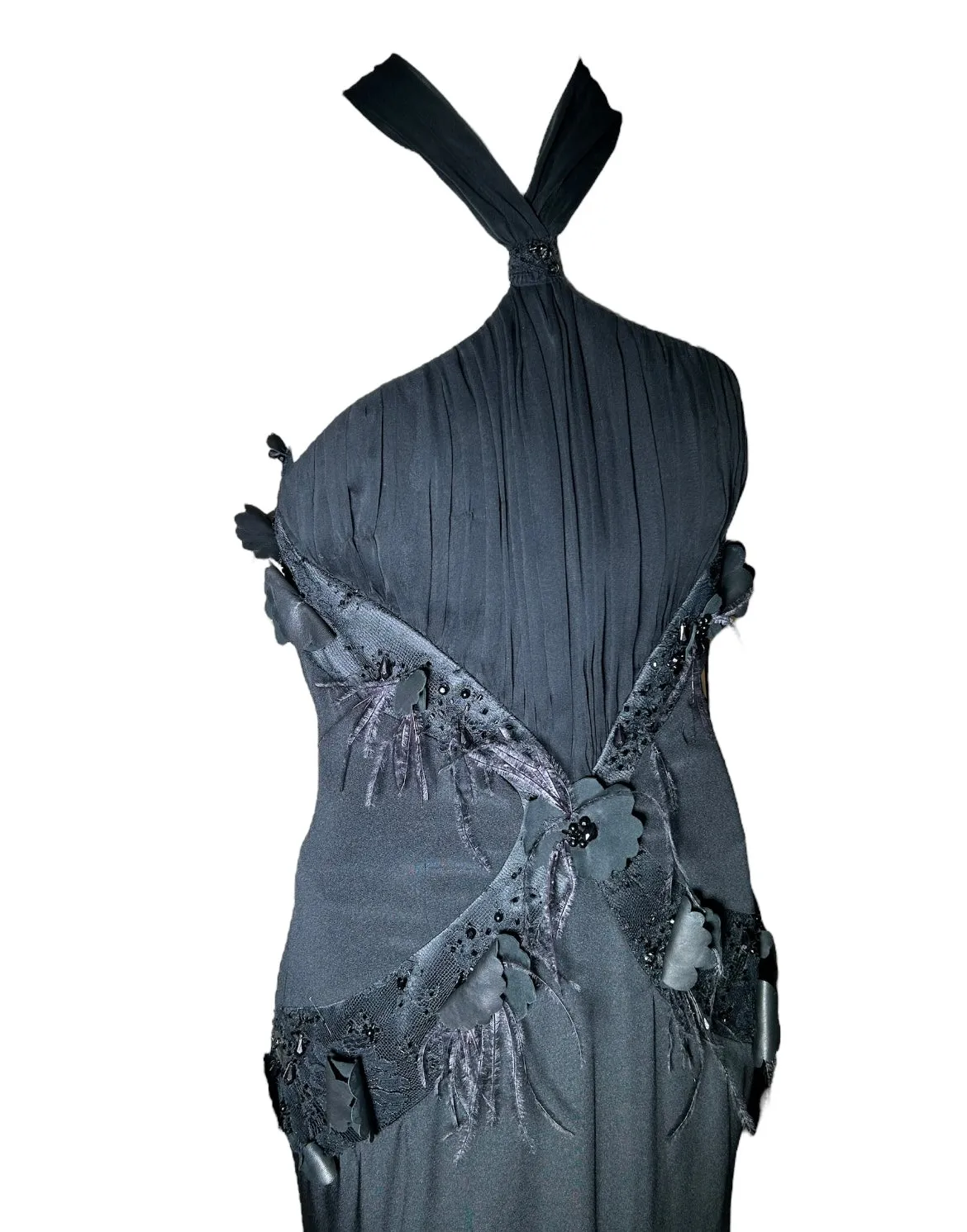 Lorena Sarbu Attributed Black Cross-Neck Chiffon Gown with Feather Accents & Shawl