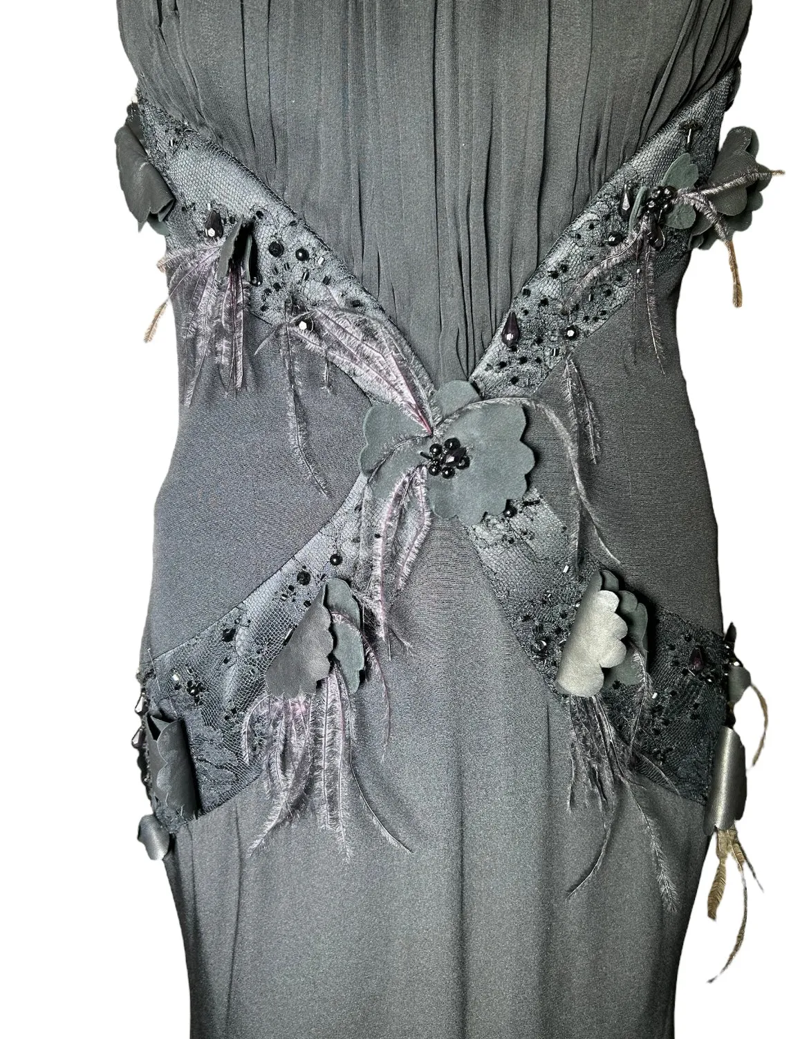 Lorena Sarbu Attributed Black Cross-Neck Chiffon Gown with Feather Accents & Shawl