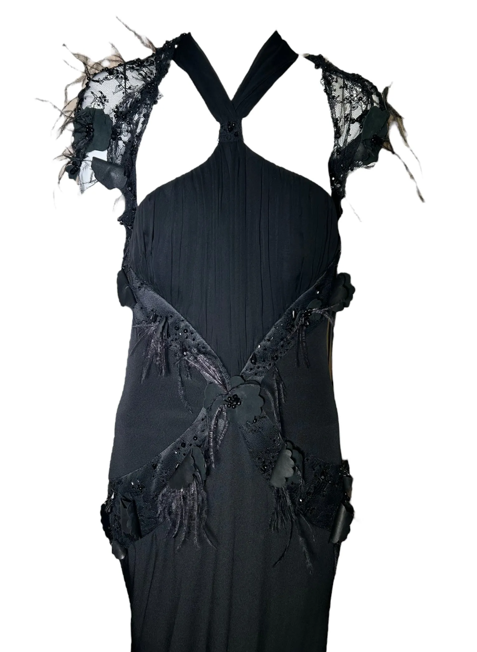 Lorena Sarbu Attributed Black Cross-Neck Chiffon Gown with Feather Accents & Shawl