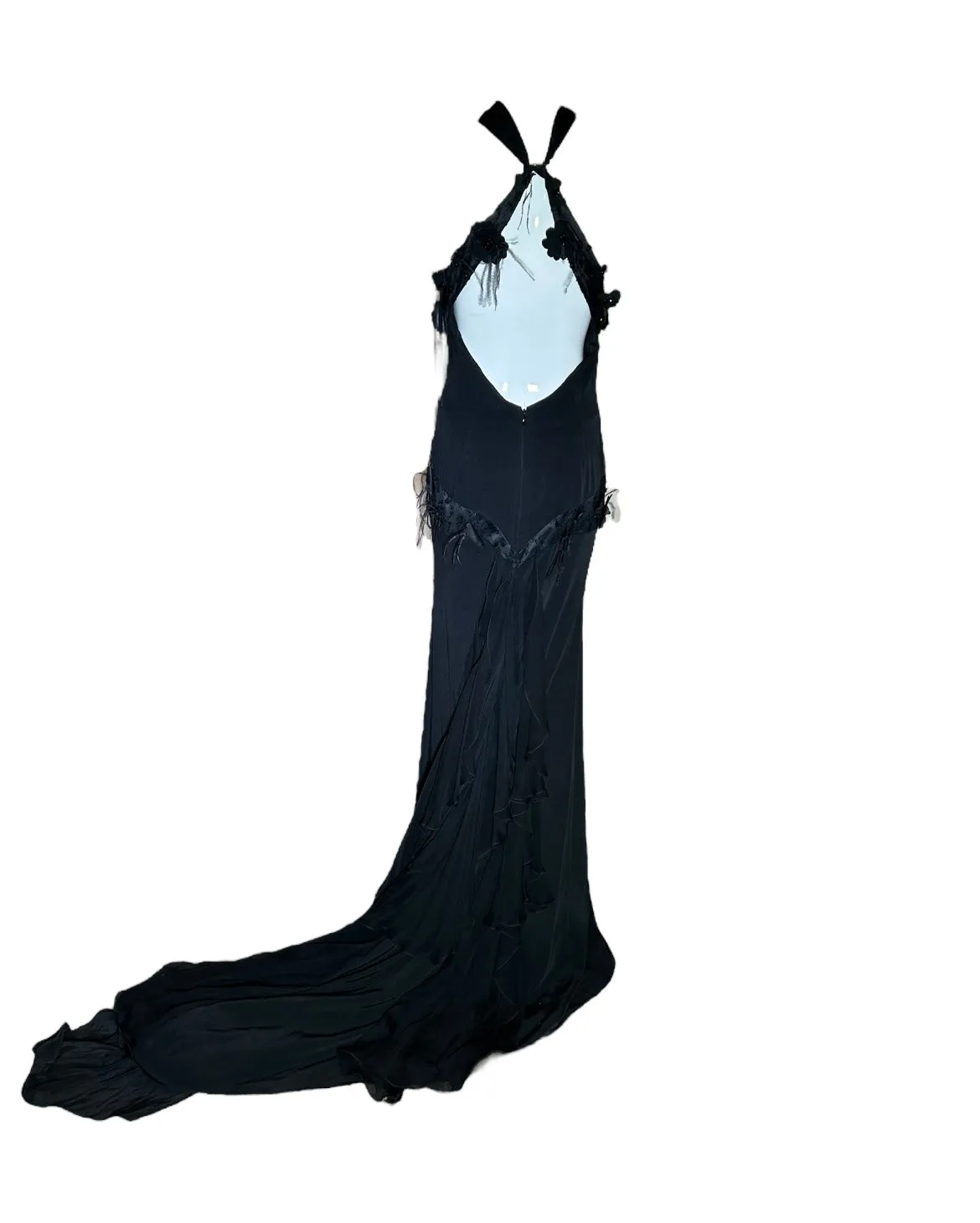 Lorena Sarbu Attributed Black Cross-Neck Chiffon Gown with Feather Accents & Shawl