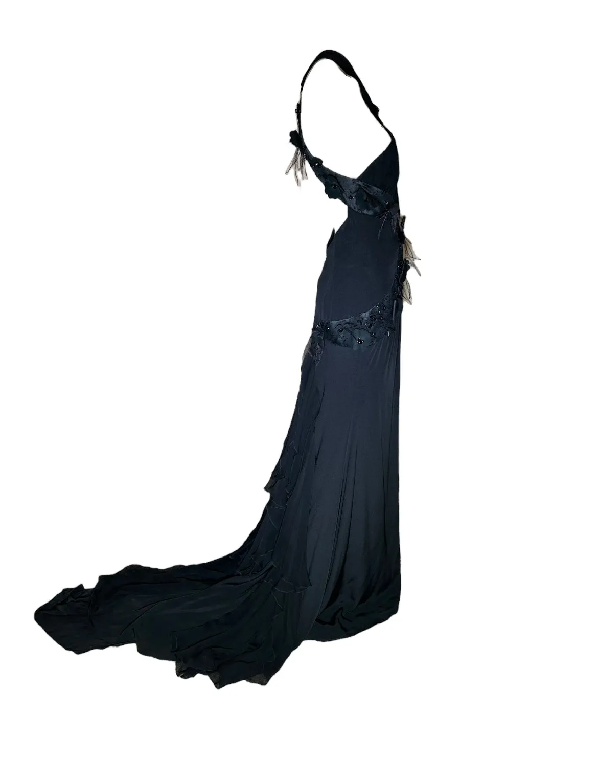 Lorena Sarbu Attributed Black Cross-Neck Chiffon Gown with Feather Accents & Shawl