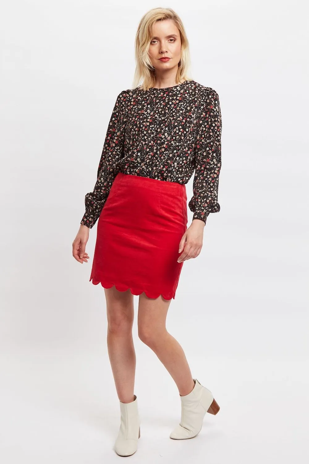 Louche Alicja Red Scalloped Hem Babycord Mini Skirt - 14