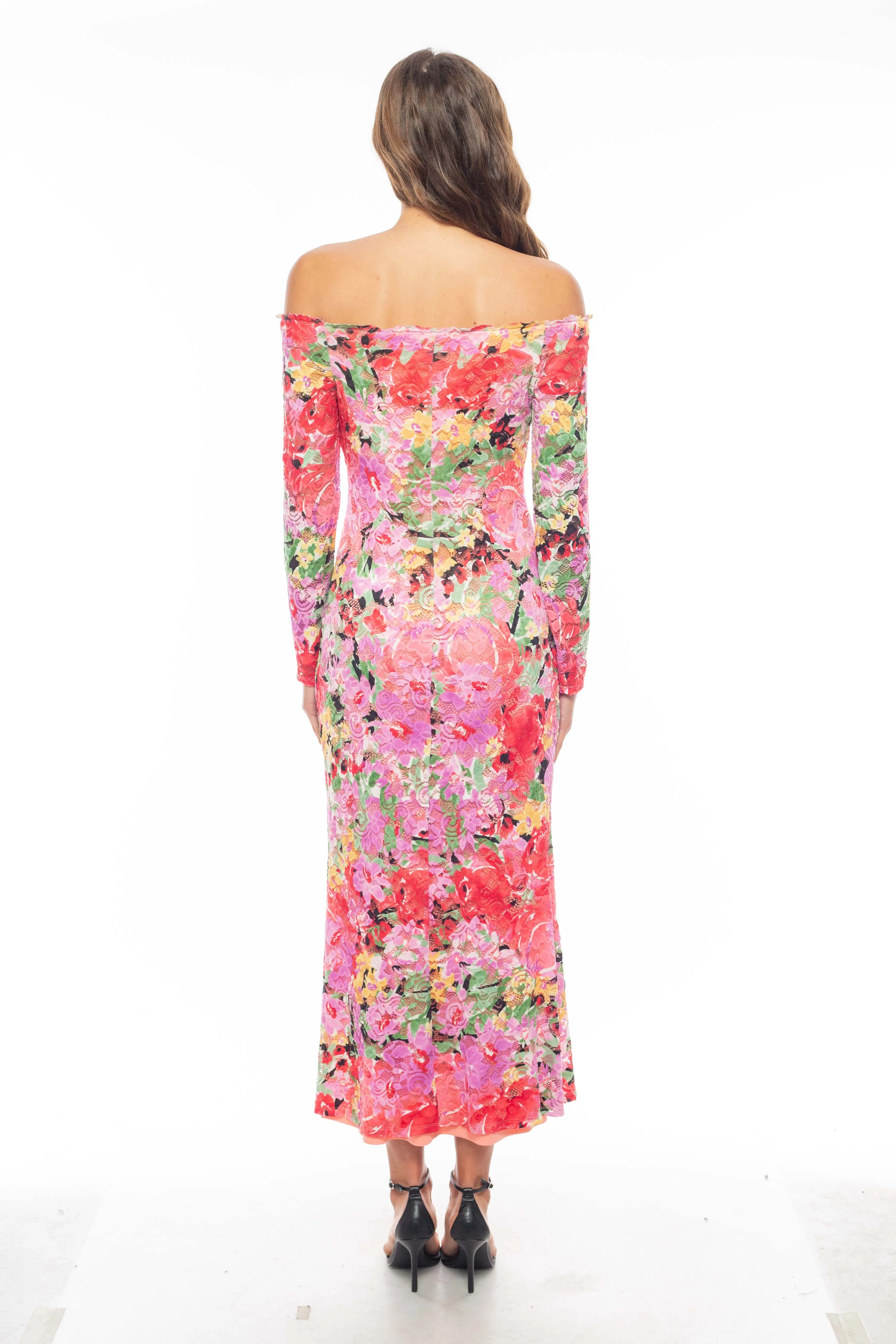 Marina Long Sleeve Off The Shoulder Scalloped Floral Maxi Dress