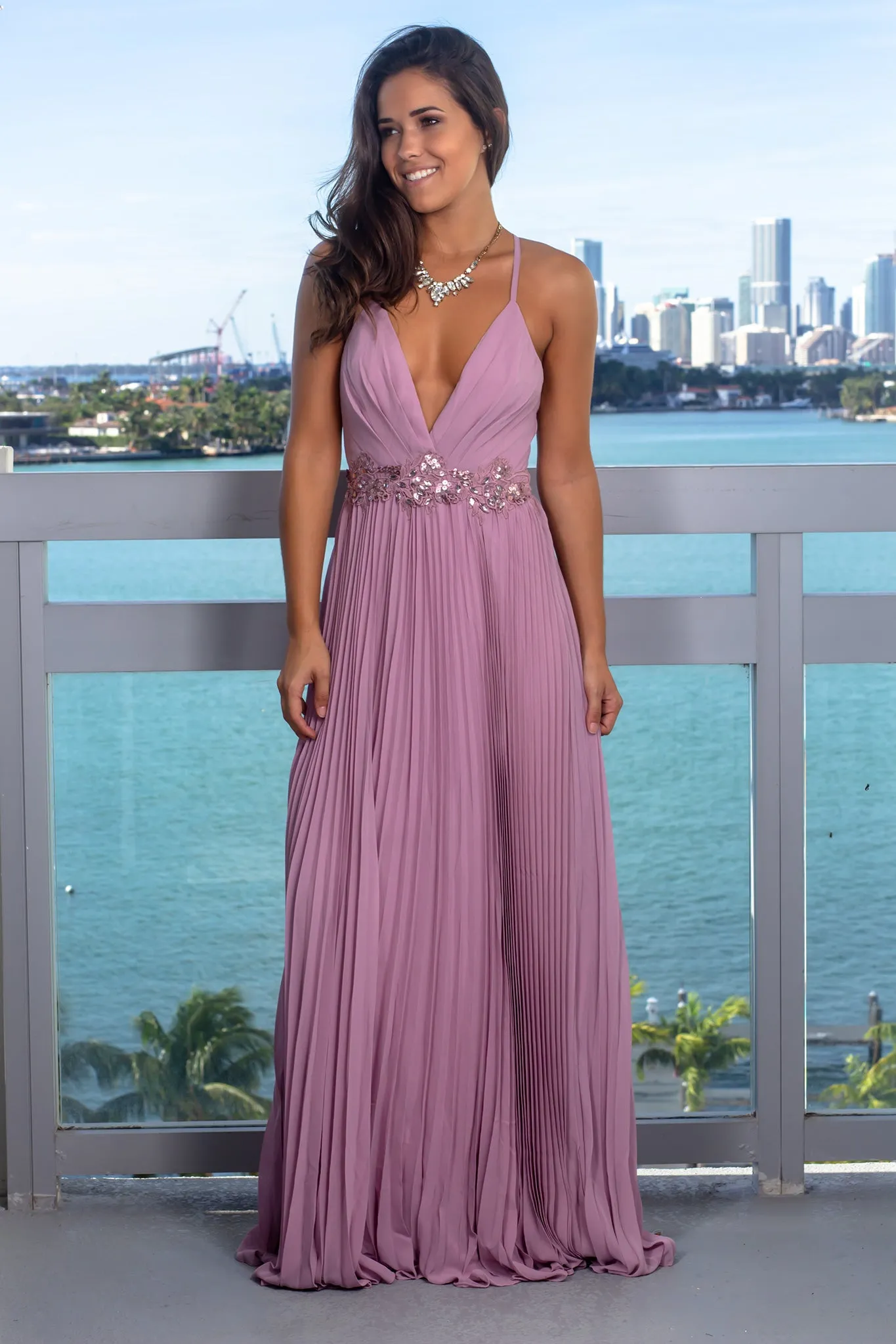 Mauve Pleated Maxi Dress with Sequin Detail