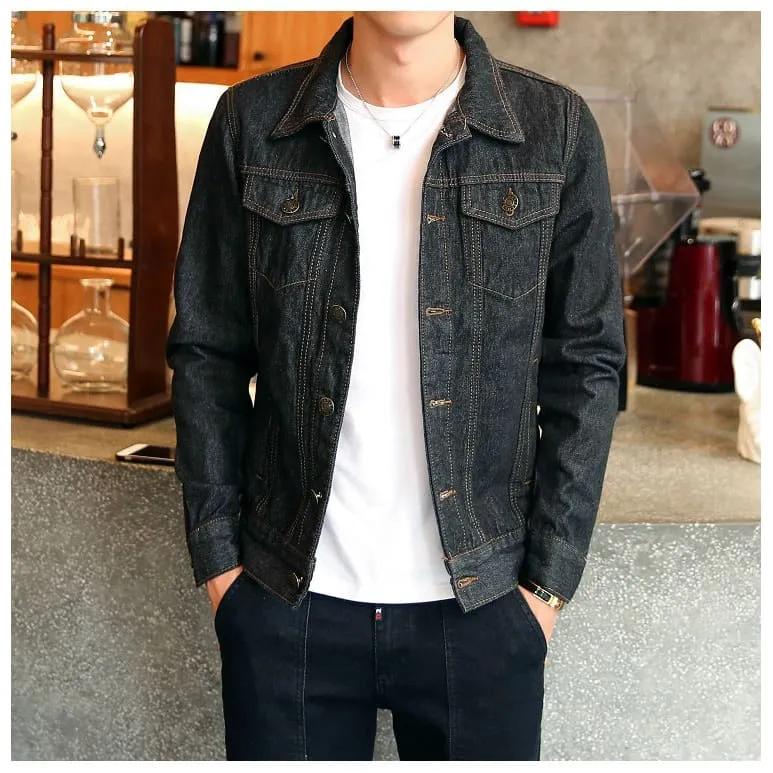 Men Lapel Collar Flap Pocket Buttoned Denim Jacket