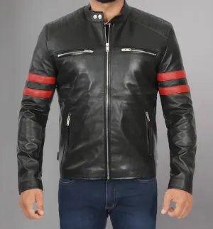 Mens Black Quilted Red Stripe Cafe Racer Leather Motorcycle Jacket