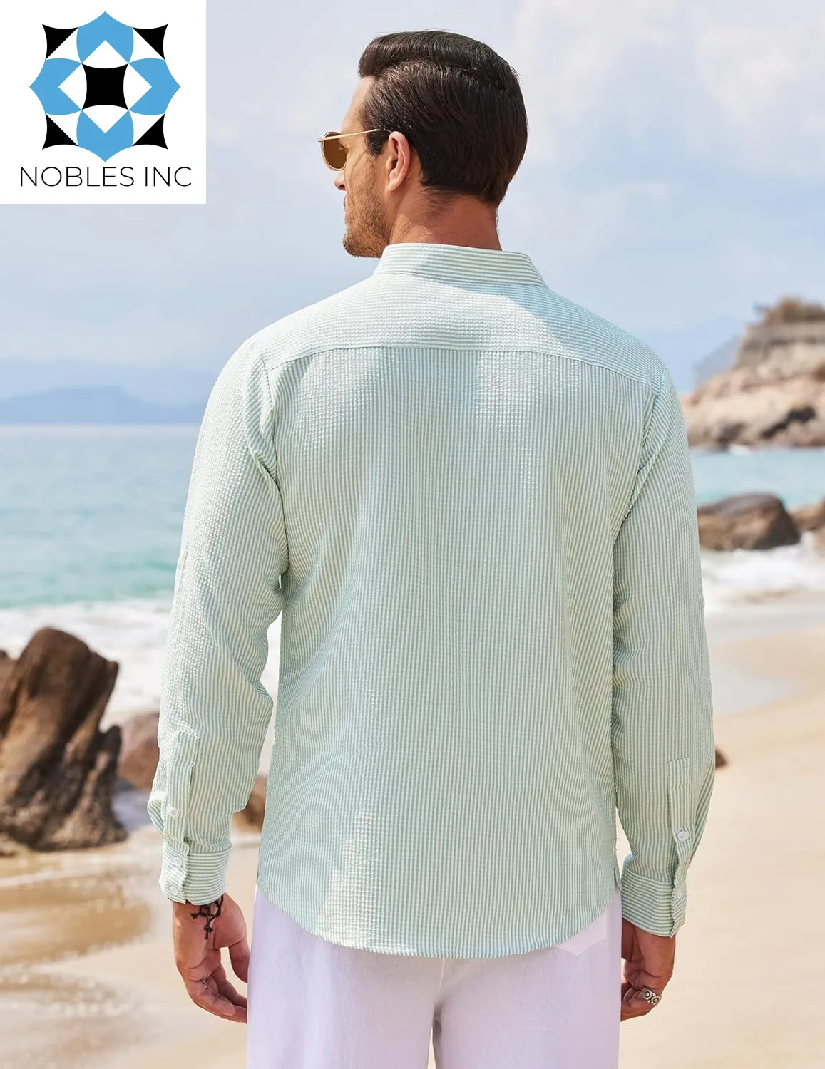 Men'S Casual Henley Shirts Band Collar Long Sleeve Beach Hippie T Shirts Fashion Striped Shirts