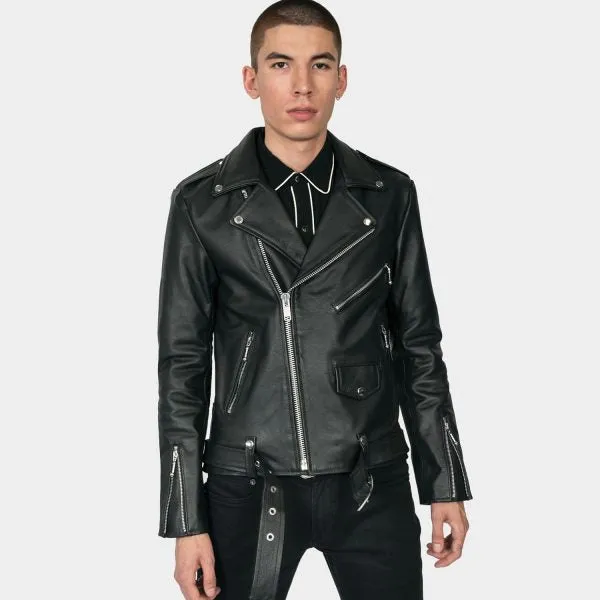 Men's Classic Fit Commando Lightweight Leather Jacket - Black/Nickel