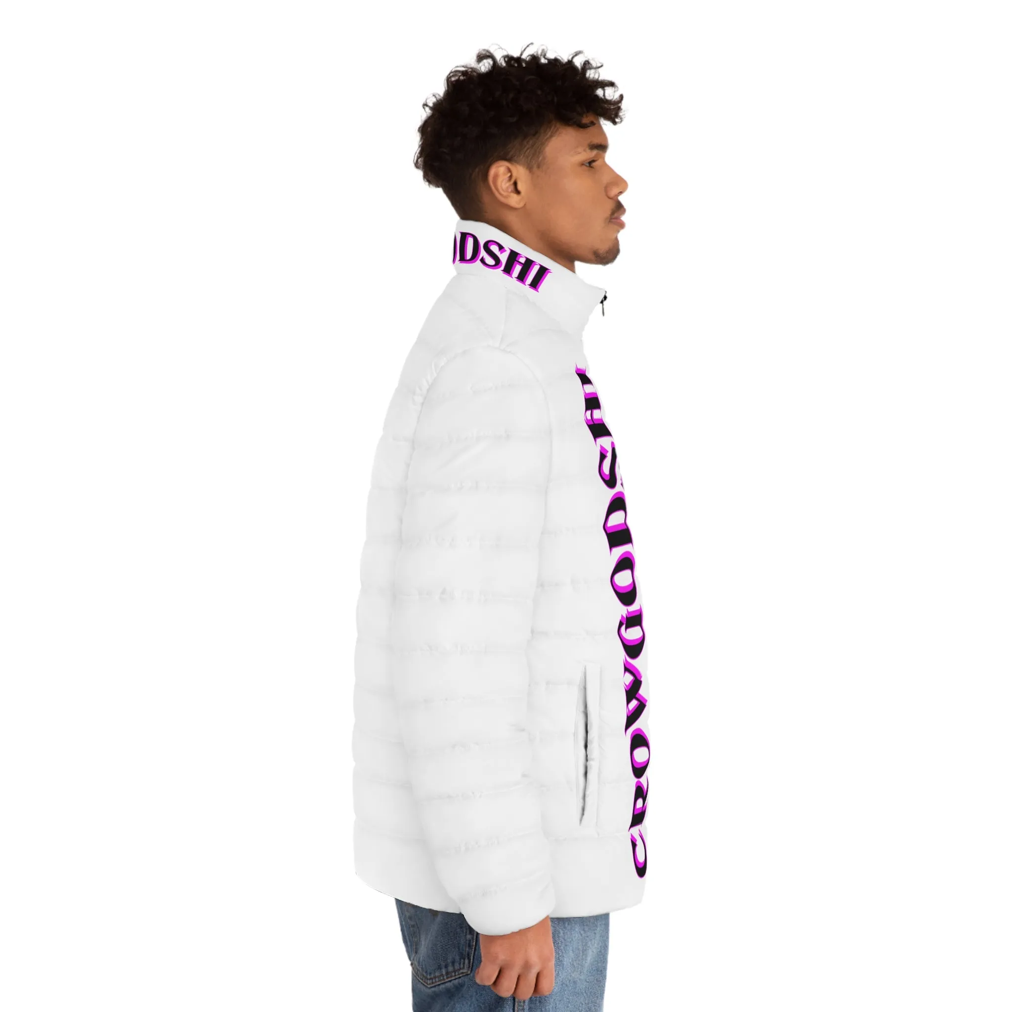 Men's CROWGODSHI 2nd GEN Puffer Jacket, WHITE W/ PINK LOGO