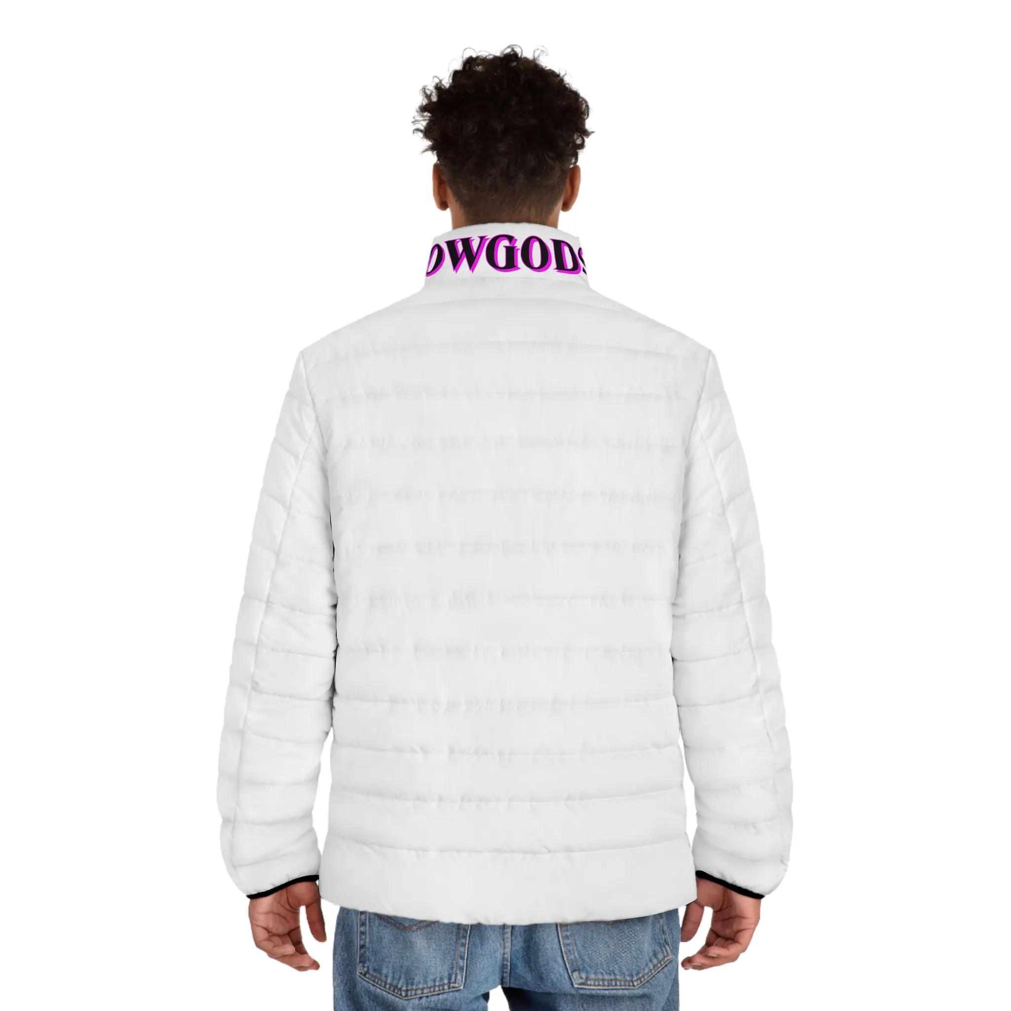 Men's CROWGODSHI 2nd GEN Puffer Jacket, WHITE W/ PINK LOGO