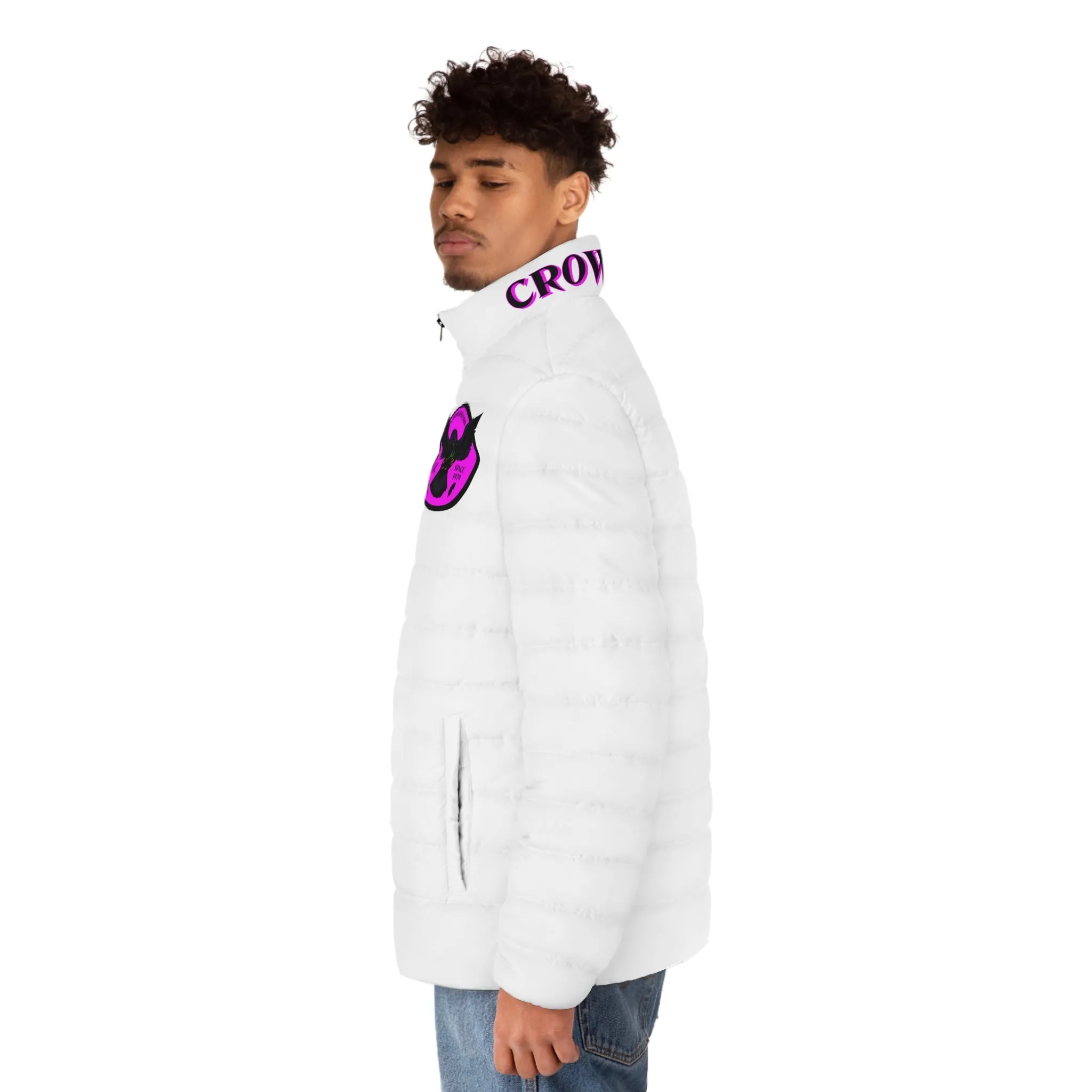 Men's CROWGODSHI 2nd GEN Puffer Jacket, WHITE W/ PINK LOGO