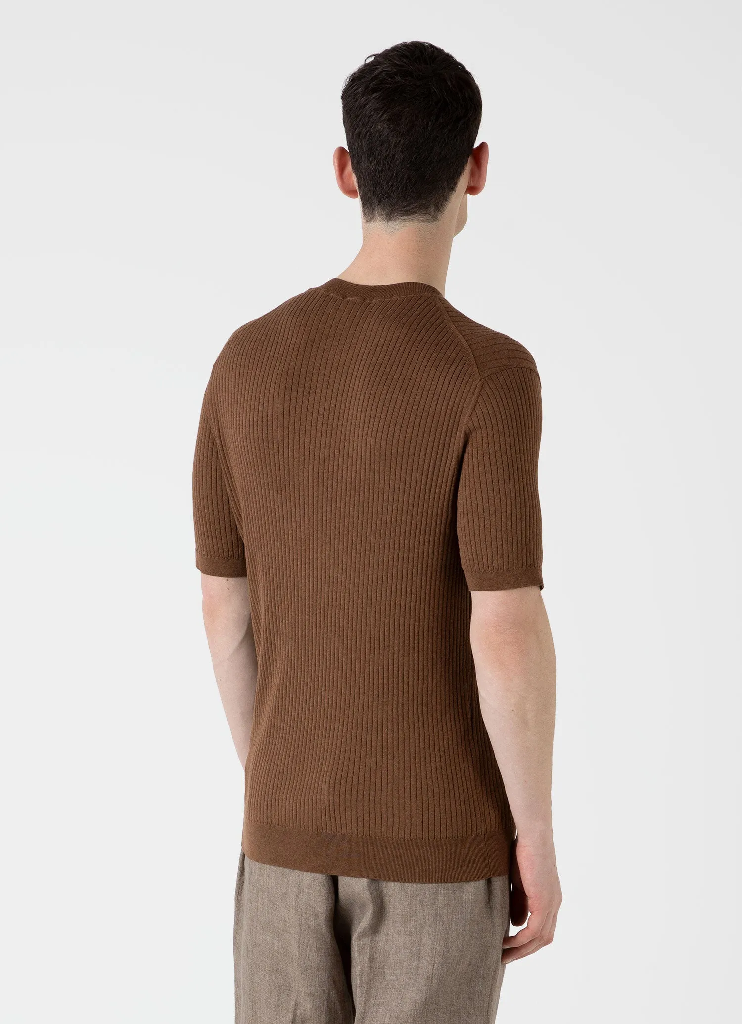 Men's Fine Rib Silk Cotton T-shirt in Dark Sand