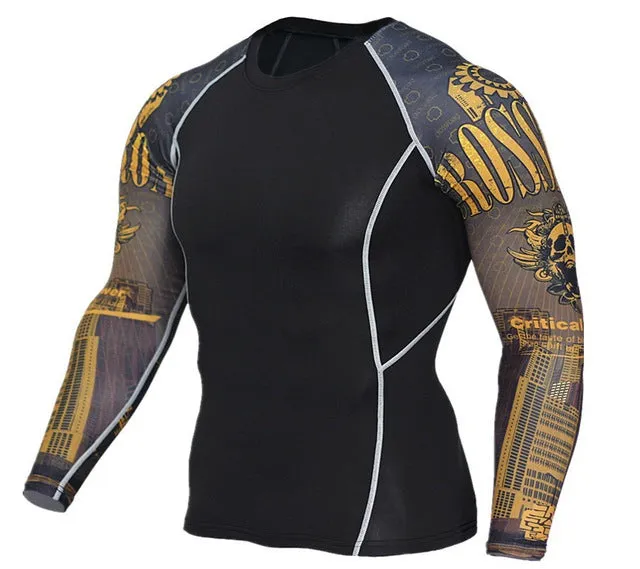 Mens Fitness 3D Prints Long Sleeves T Shirt Men Bodybuilding Skin Tight Thermal Compression Shirts MMA Crossfit Workout Top Gear