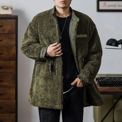 Men's Fleece Thick Loose Fit Military Style Windproof Trench Coat