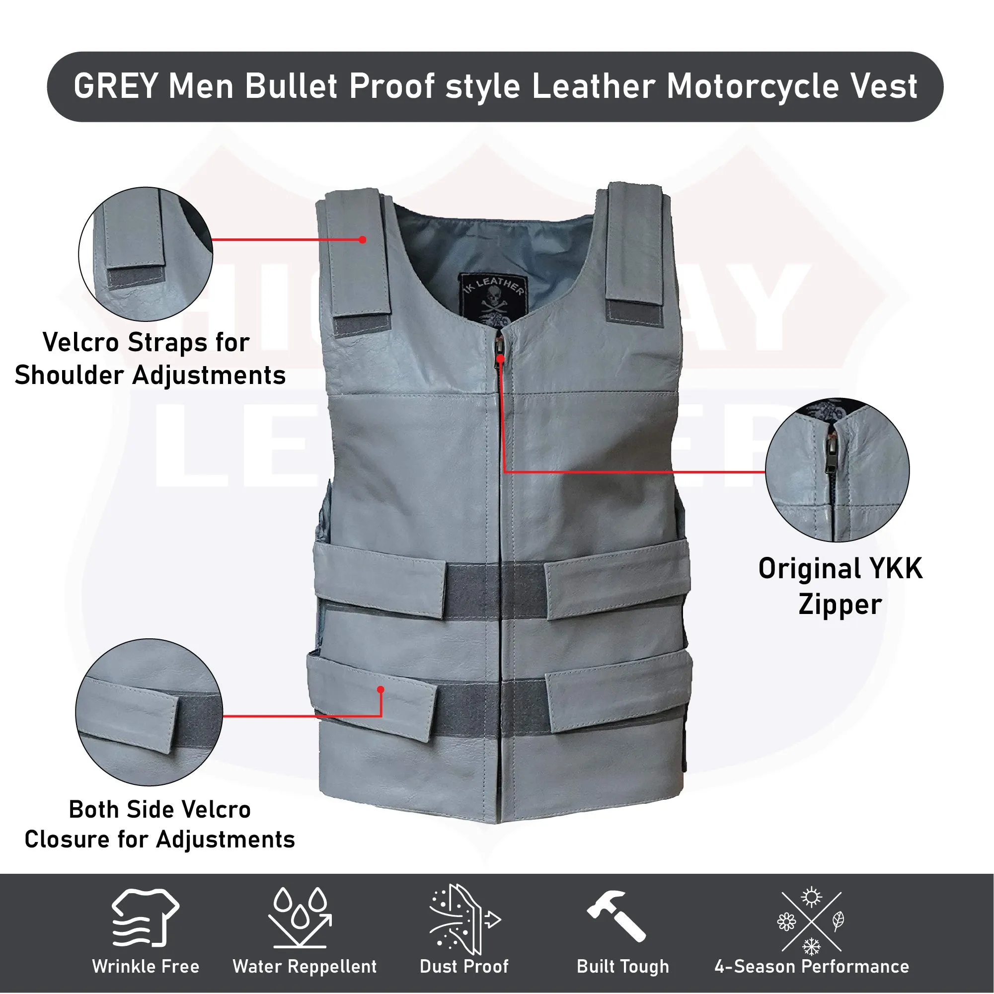 MEN'S GRAY BULLET PROOF LEATHER VEST Shade#36 (SKU#11643Gray36)