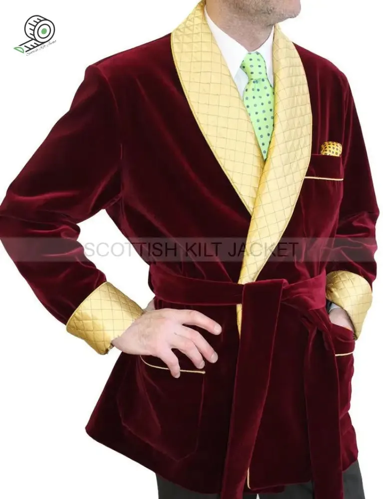 Men's Maroon Velvet Quilted Blazer