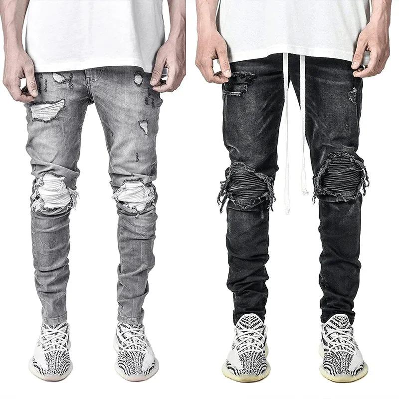 Men's Motorcycle Ripped Black Elastic Leg Jeans