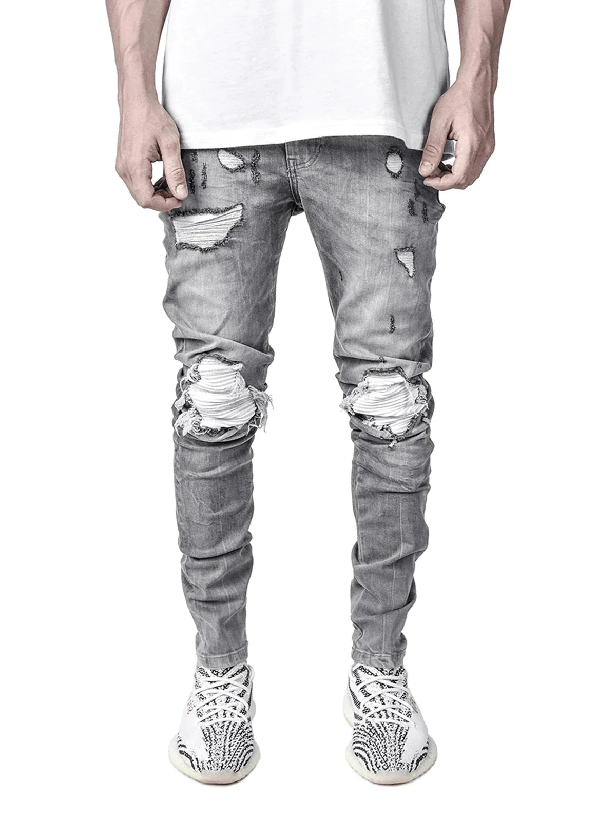 Men's Motorcycle Ripped Black Elastic Leg Jeans