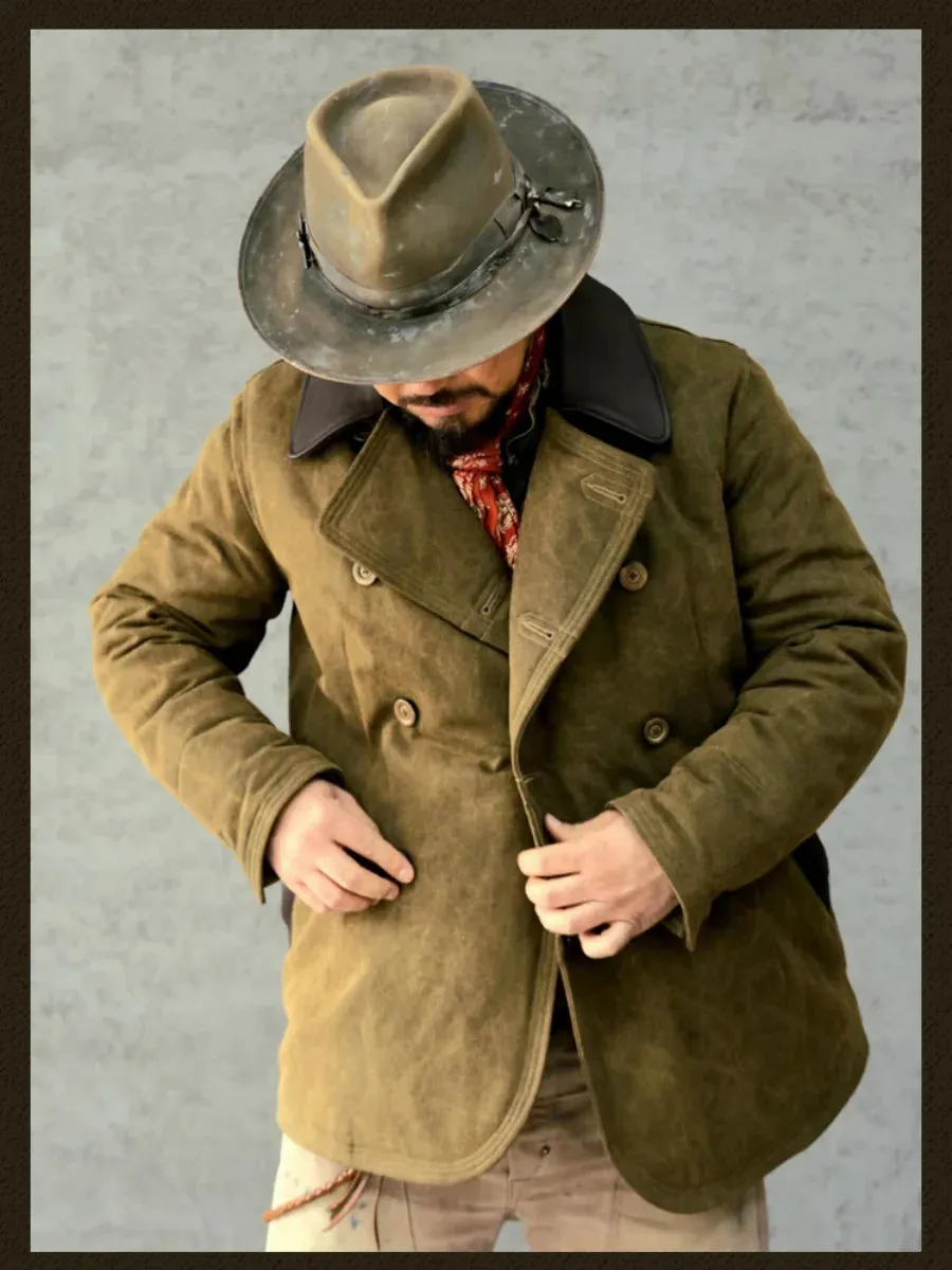 Men's Pea Coat Wax Thick Double-breasted Military Style Vintage Workwear