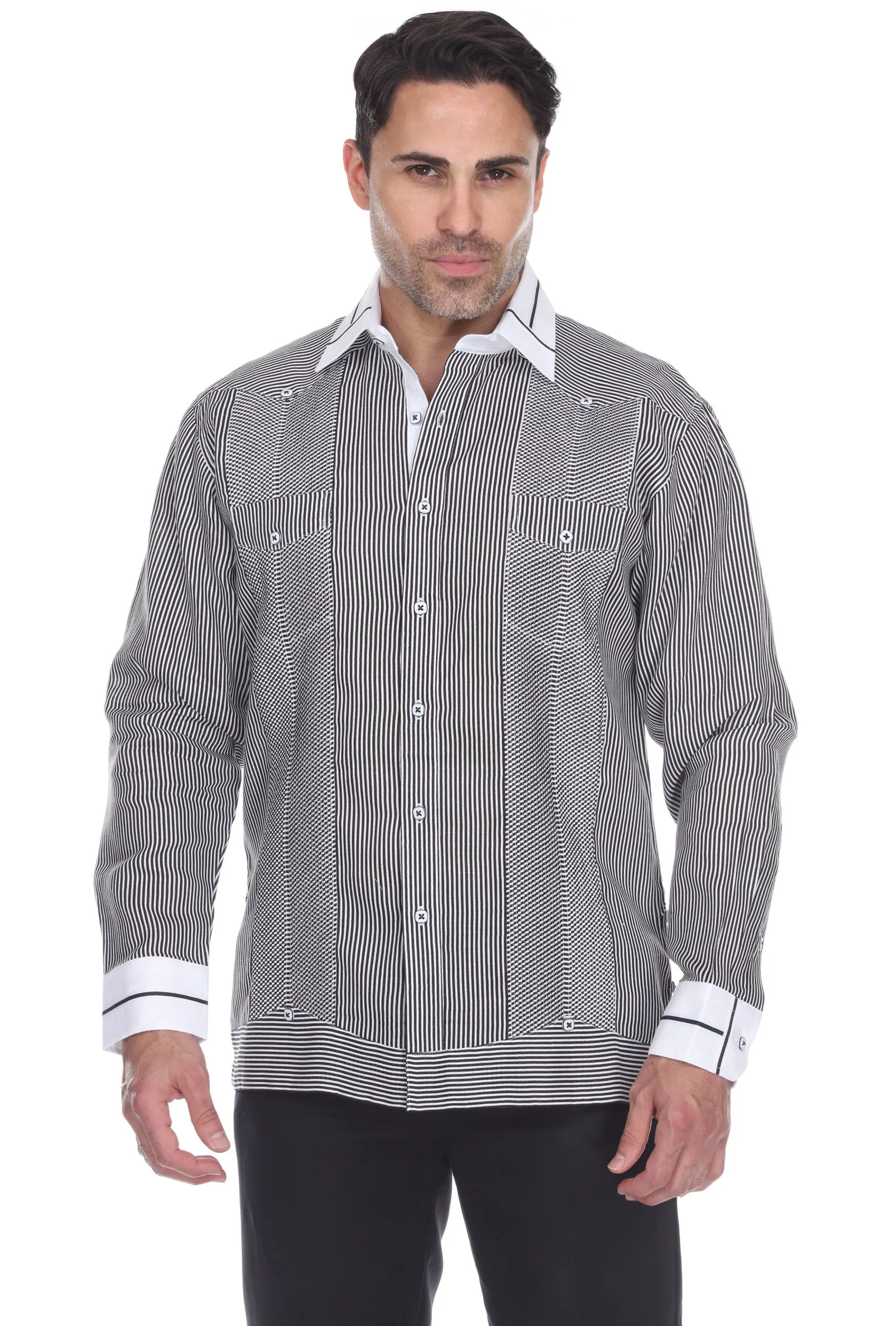 Men's Pinstripe 100% Linen Guayabera Shirt Long Sleeve with Collar Trim Accent