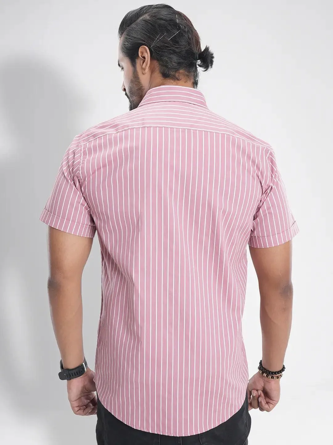 Men's Short Sleeve Casual Shirt in Stripe Salmon