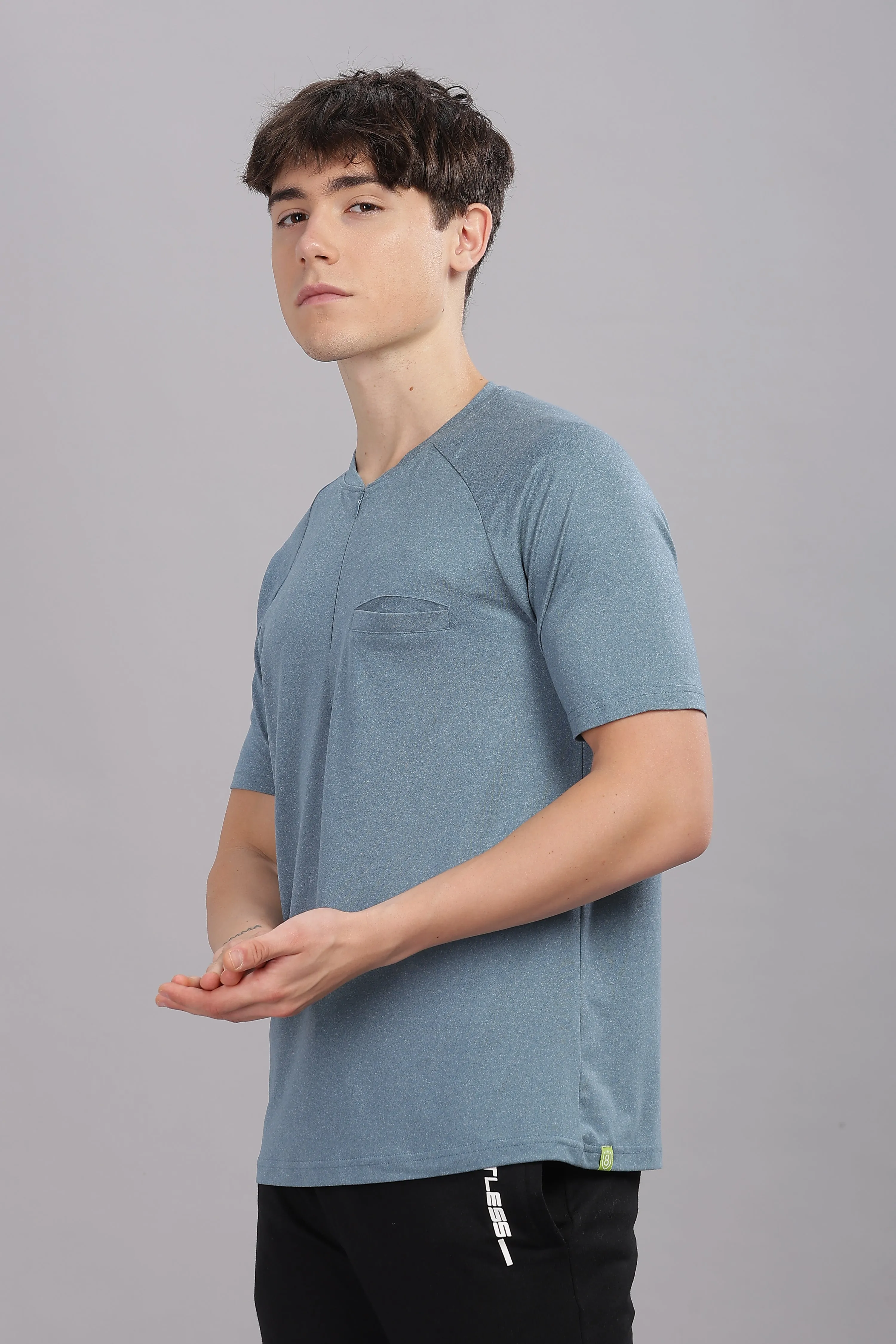 Men's Super Comfy raglan sleeve casual T shirt with chest pocket (SMOKE BLUE)