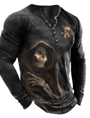 Men's T shirt Tee Henley Shirt Tee Graphic Skull Henley Black White Blue Green Gray 3D Print Plus Size Outdoor Daily Long Sleeve Button-Down Print Clothing Apparel Designer Stylish Vintage Basic