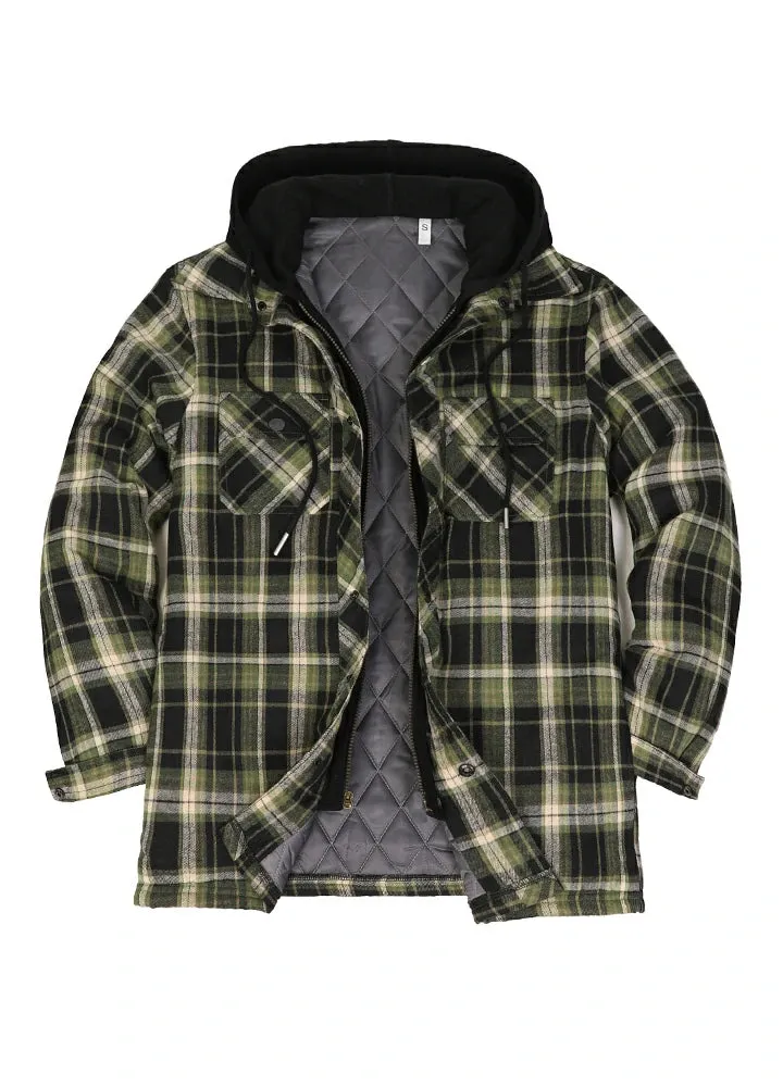 Men's Thicken Plaid Hooded Flannel Shirt Jacket with Quilted Lined