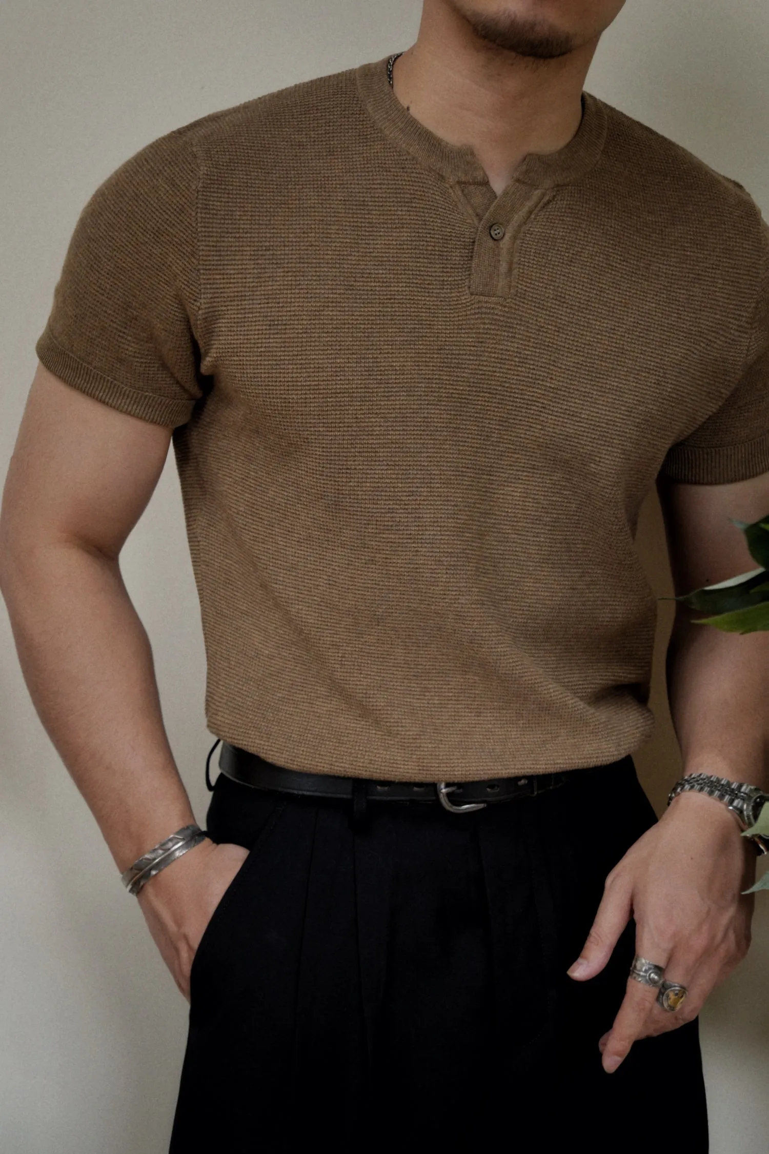 Men's Waffle Henley Shirt Short Sleeves