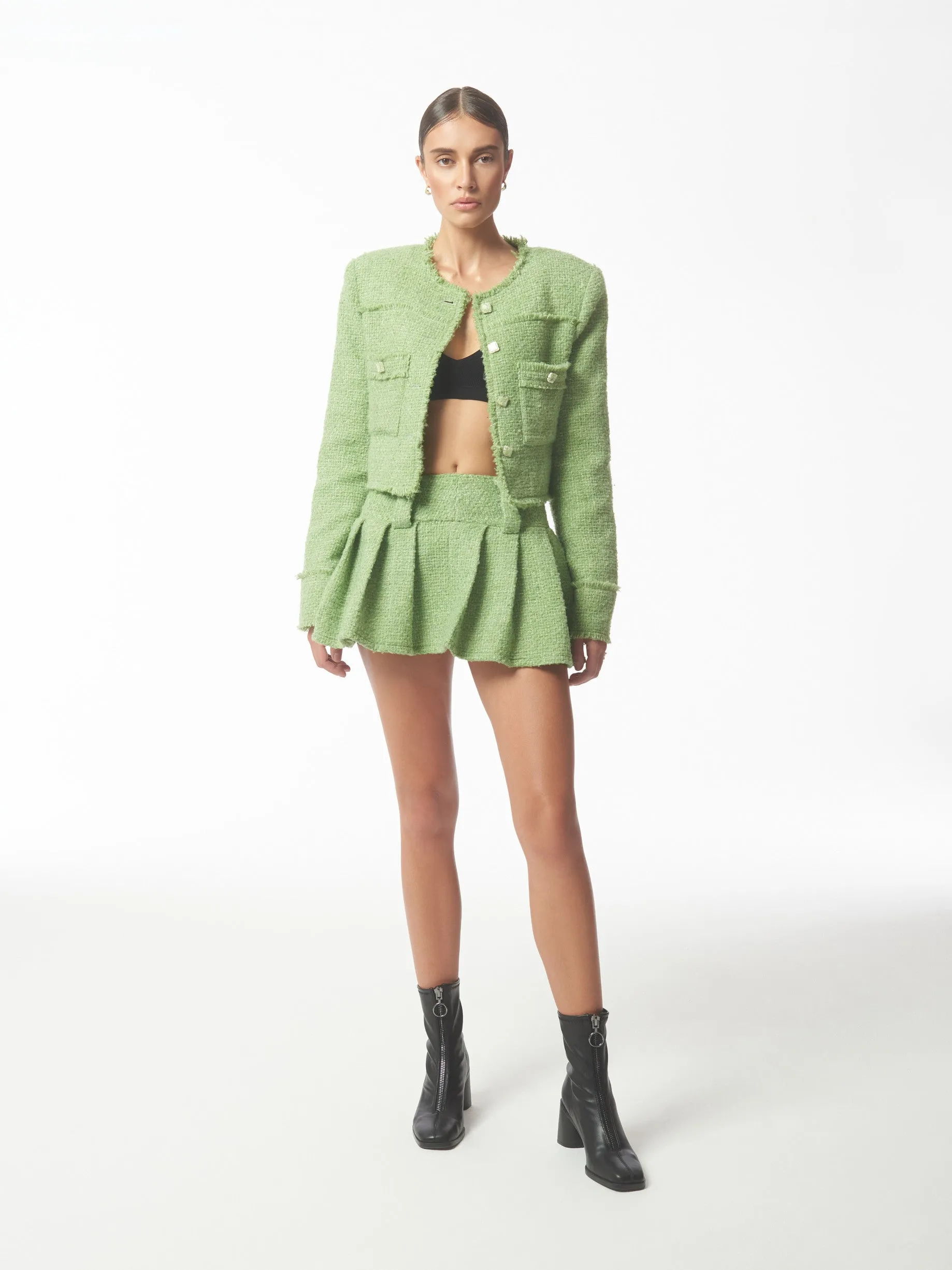 Metallic Thread Pleated Bouclé Tweed Mini Skirt in Pistachio Green