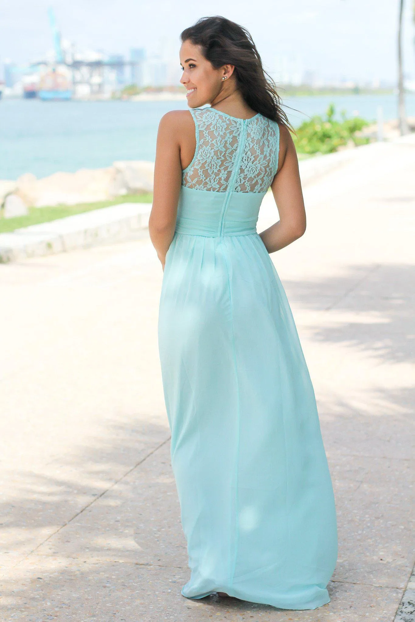 Mint Maxi Dress with Pleated Lace Top