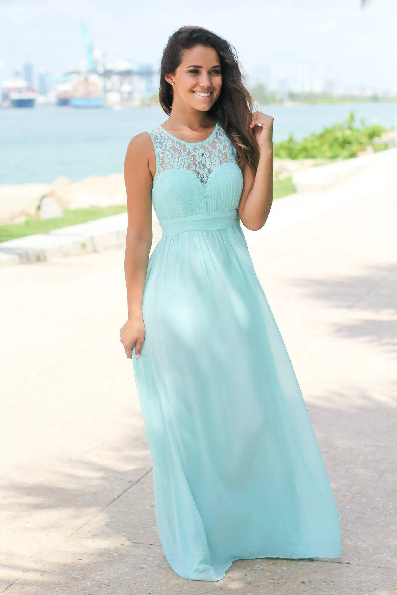 Mint Maxi Dress with Pleated Lace Top