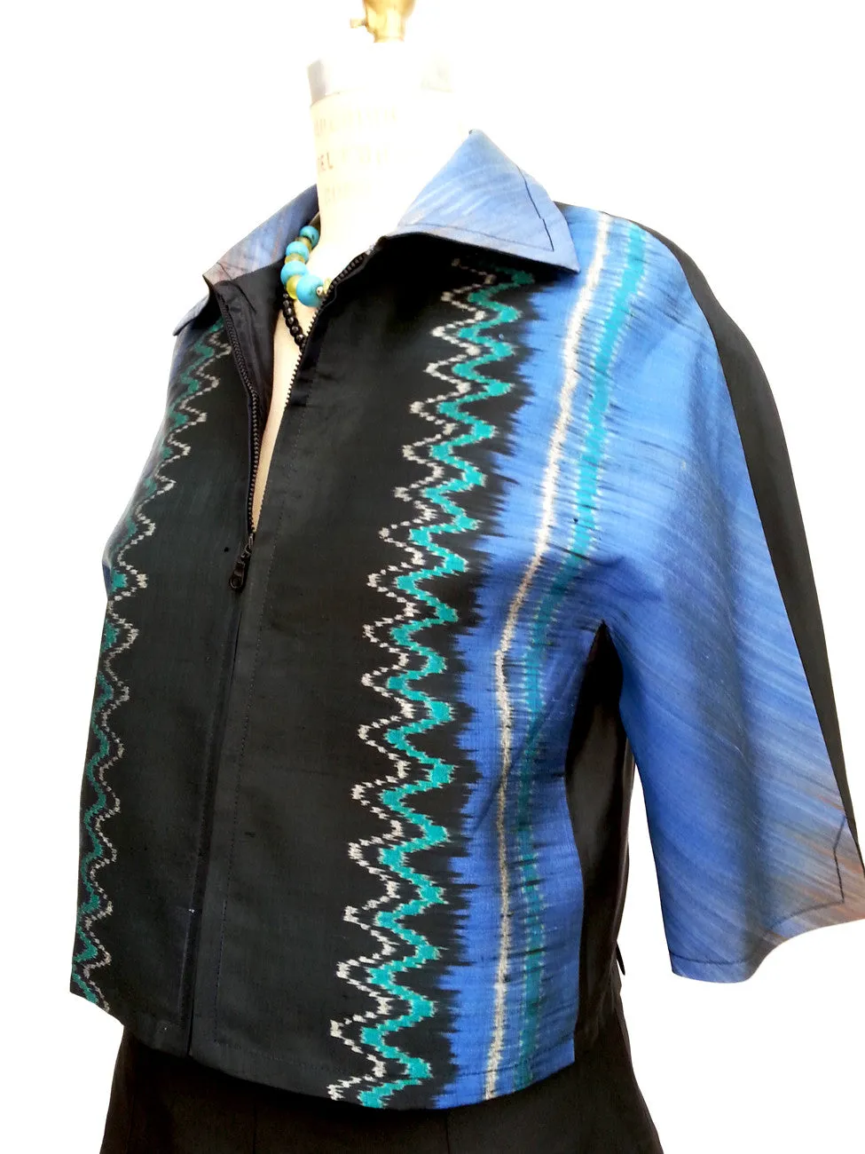 Modern Ikat Couture Cut Jacket Black Cobalt Turquoise