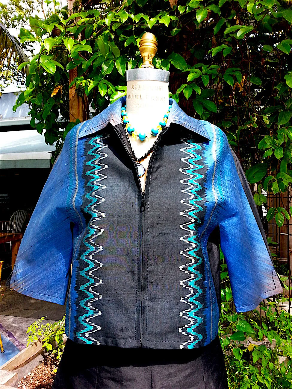 Modern Ikat Couture Cut Jacket Black Cobalt Turquoise