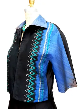 Modern Ikat Couture Cut Jacket Black Cobalt Turquoise