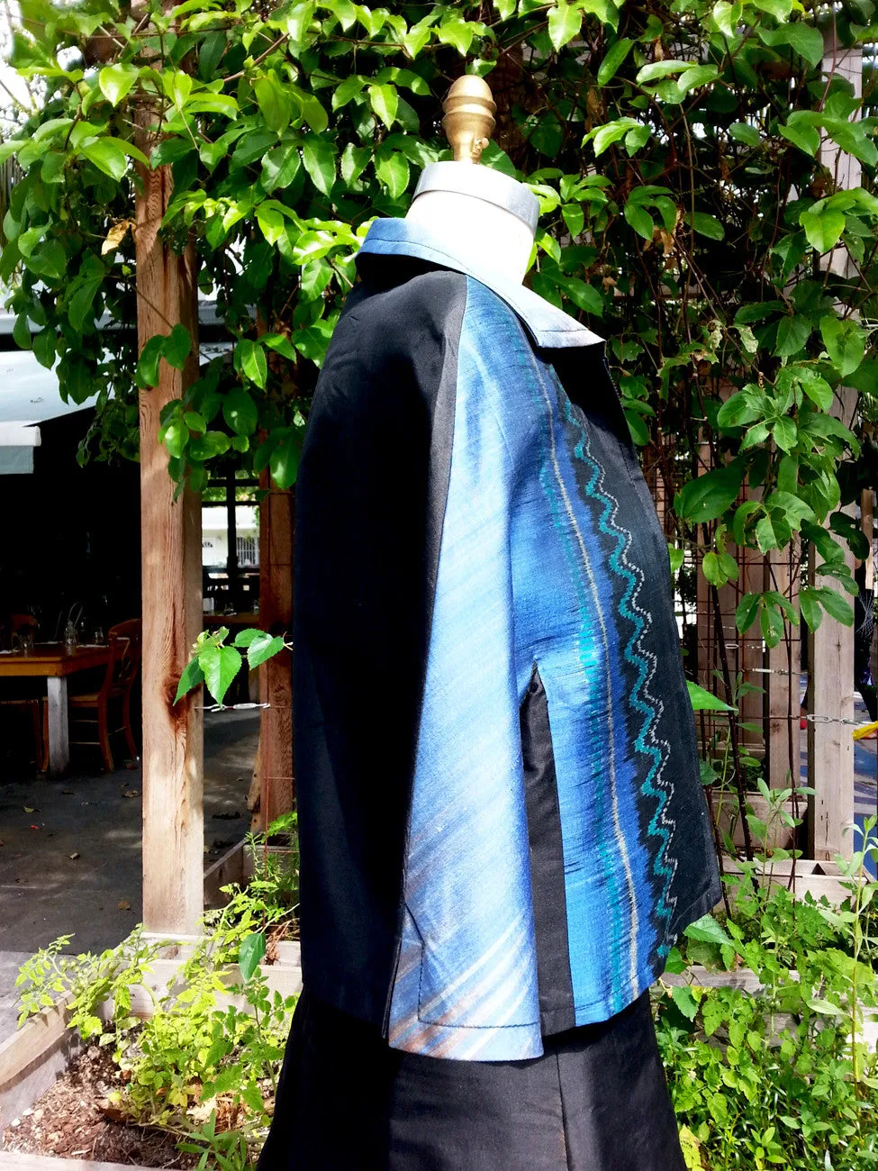 Modern Ikat Couture Cut Jacket Black Cobalt Turquoise