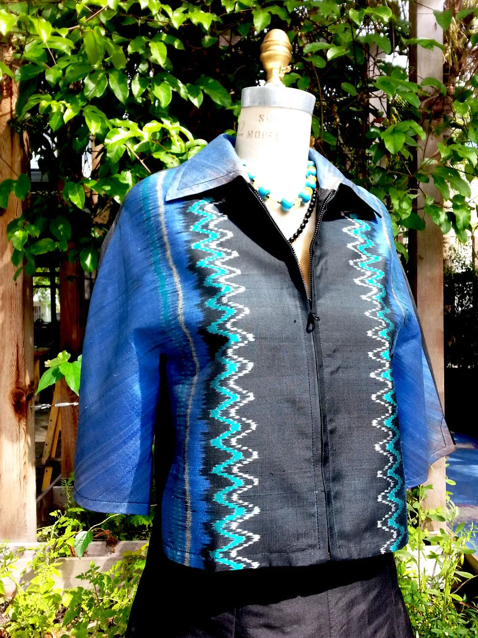 Modern Ikat Couture Cut Jacket Black Cobalt Turquoise