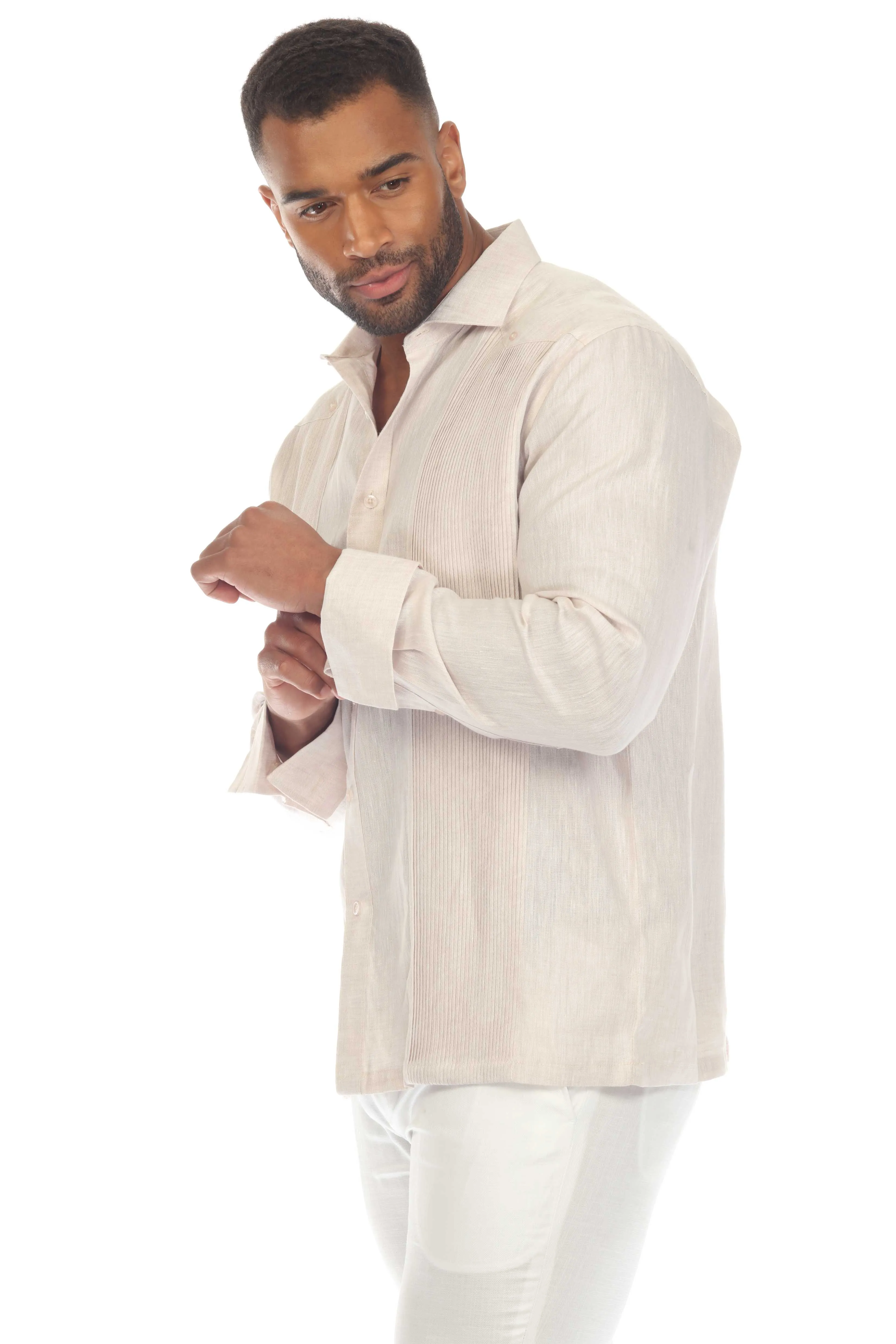 Mojito Men's 100% Linen Guayabera Chacabana Shirt with French Cuff Long Sleeve